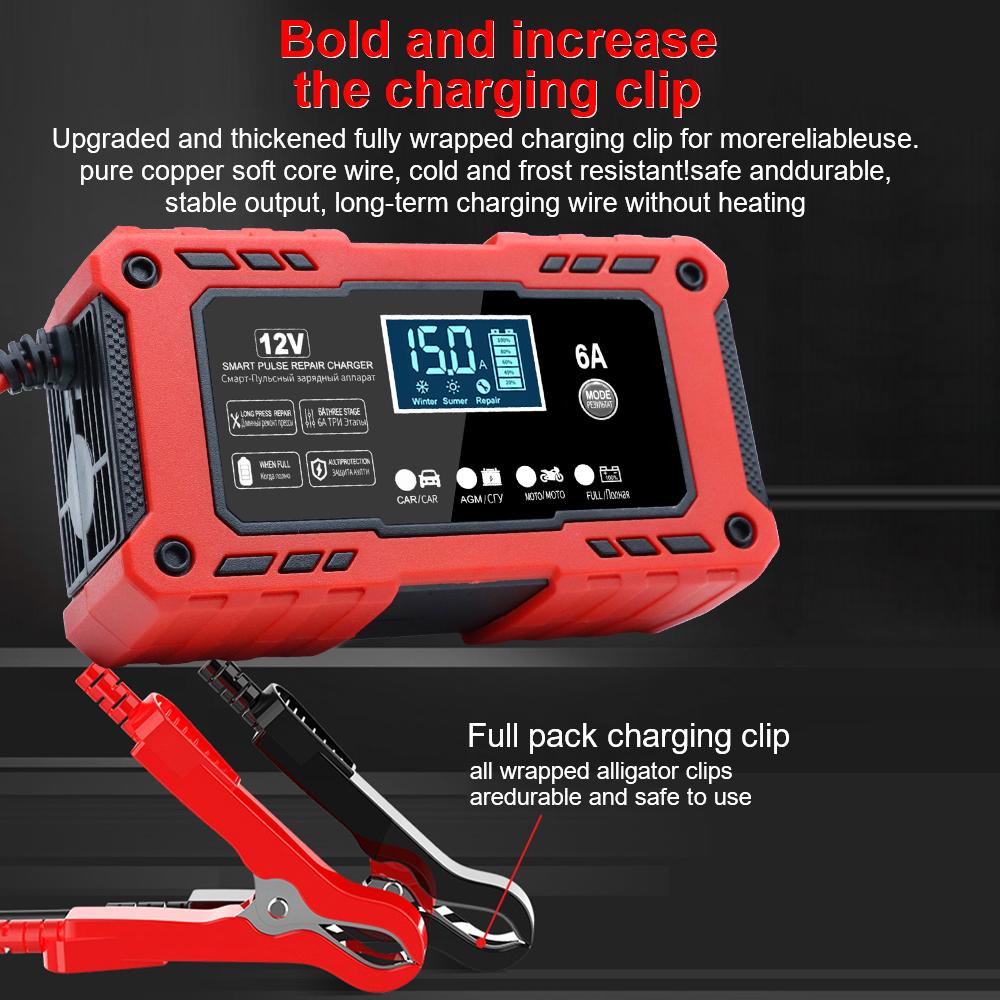 Portable Battery Maintenance SUV 12V 6A Car Motorcycle Battery Charging Intelligent Pulse Repair Lead-Acid Smart Battery Charger