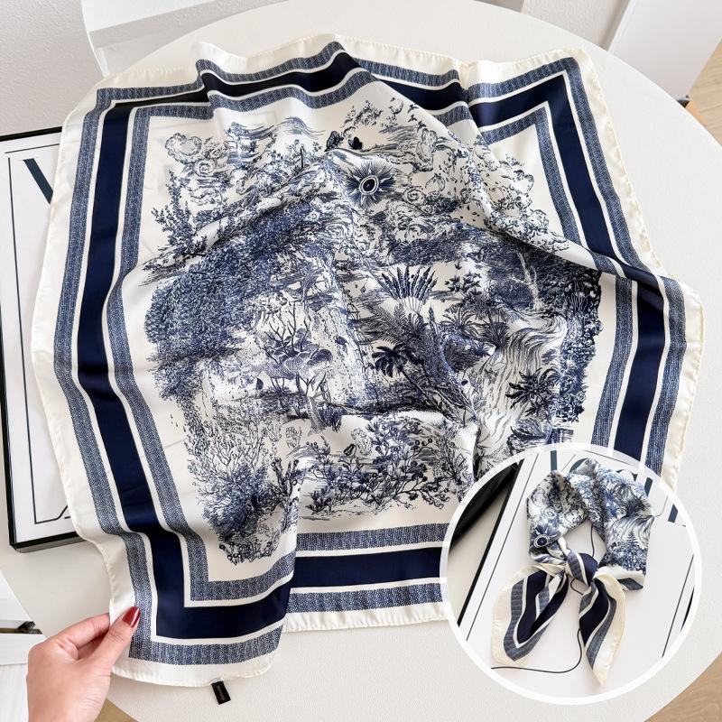 Damski jedwabny szalik w koreańskim stylu: Wszechstronny kwadratowy szalik z kamelią na wiosnę i jesień - do noszenia na szyi, na torebce lub we włosach