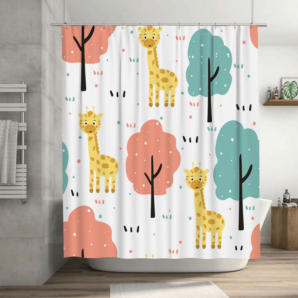 Whimsical Giraffe Trees Fabric Shower Curtain Pastel Colors For Bathroom Decor 3D Printed Waterproof Bath Mat Set With Hooks Per