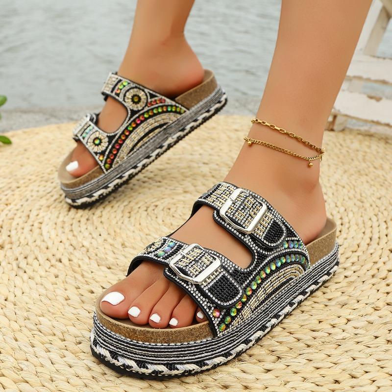 Fashion 2025 Summer New Women's Slippers Plus Size Round Toe Crystal Buckle Platform Sandals Outdoor Hot Sale Daily Casual Slippers