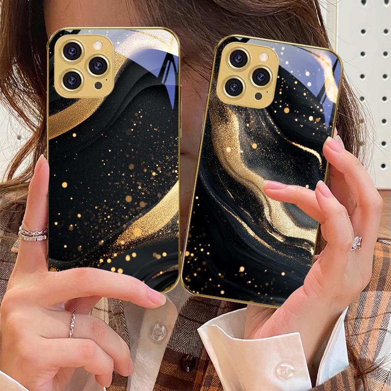 Mramorovaný Černý Šedý Pro IPhone 16 Pro Max 15 P Ro 14 M Ax 13 Plus 12 Mini 11Pro Max XS Max XR Zlatý Tvrzené Sklo Kryt na Telefon