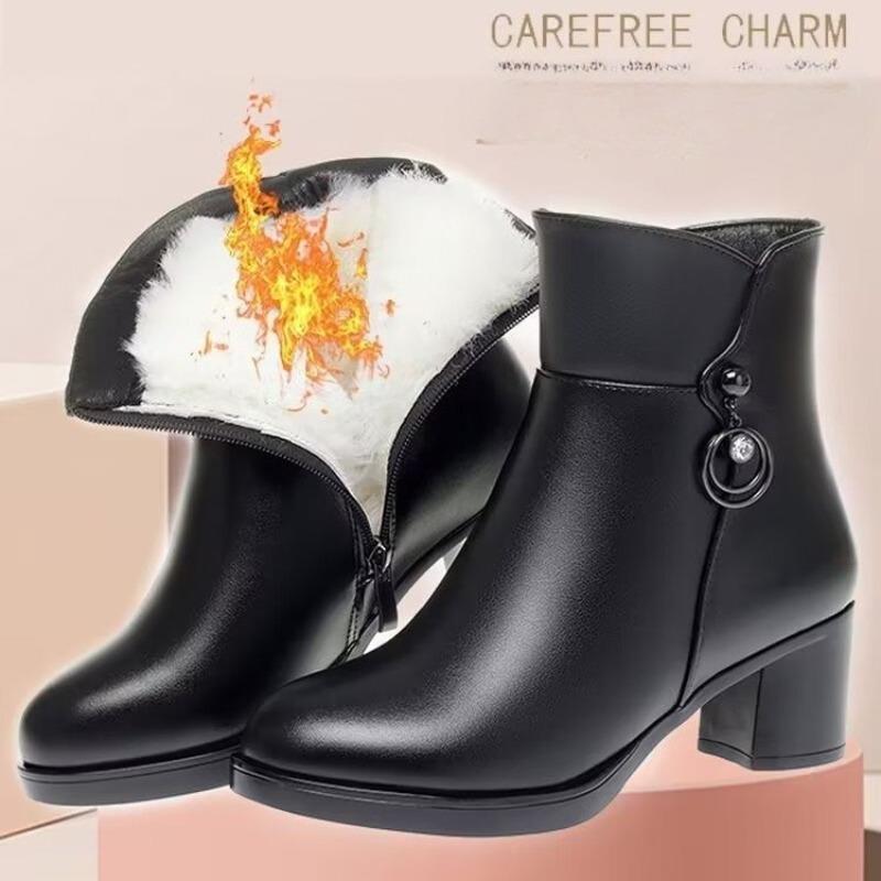 2026Winter Women's Boots Fashion Casual Leather Boots Luxury Pointed Thick Heel Ankle Boots for Women Plush Warm Snow Boot Botas