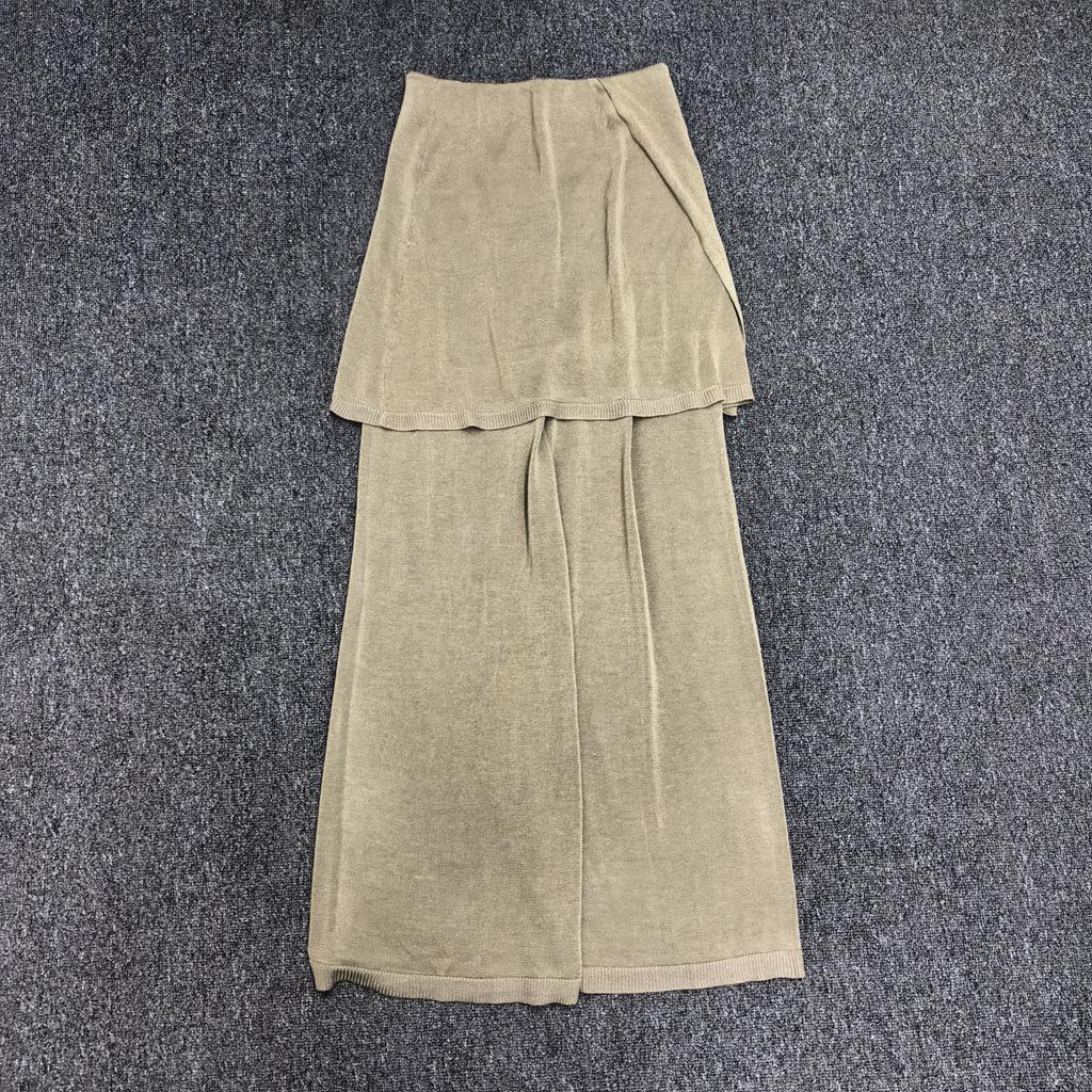 Longmei Women's Knit Wide-Leg Fake Two-Piece Elastic Waist Pants - Spring/Summer 2026 Minimalist Style Straight-Leg Trousers