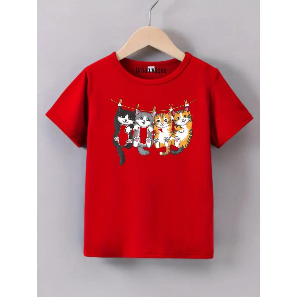 Camiseta Infantil menina Gatinhos no Varal Blusa Básica Menina de Manga Curta com Estampa