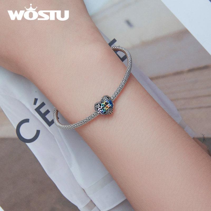 WOSTU Authentique Argent Sterling 925 coloré émail froid Cœur & Motif Tête Charms Perles conviennent pour Bracelet & Jonc pour Femmes Bijoux Fins