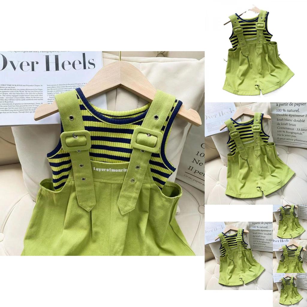 Stylish Summer Girls Two Piece Outfit Set With Trendy Sleeveless Top And Striped Adjustable Suspenders