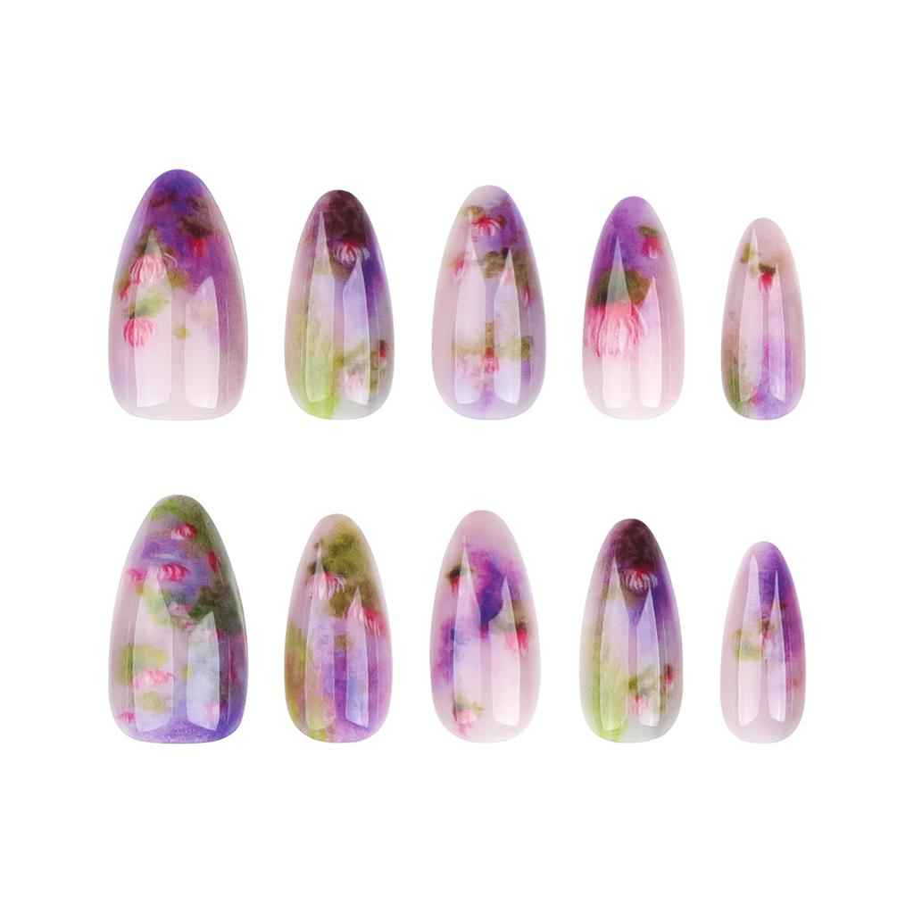 24 Pieces Summer New Products Wear Nail Lotus Smudge Nail Art Short Almond Fake Nails Fake Nails