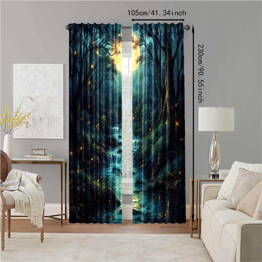 2 Stück, vielseitige transparente Polyestervorhänge zur Heimdekoration Wald Mond Bach Szene zur Verwendung in Schlafzimmern und Wohnzimmern