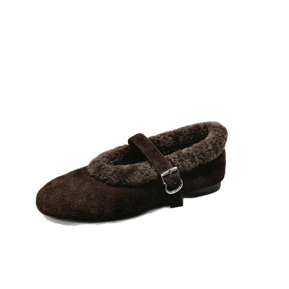 Sheepskin version~ Retro fur integrated shallow mouth word with Mary Jane single shoes women's winter plush flat-soled fluffy shoes