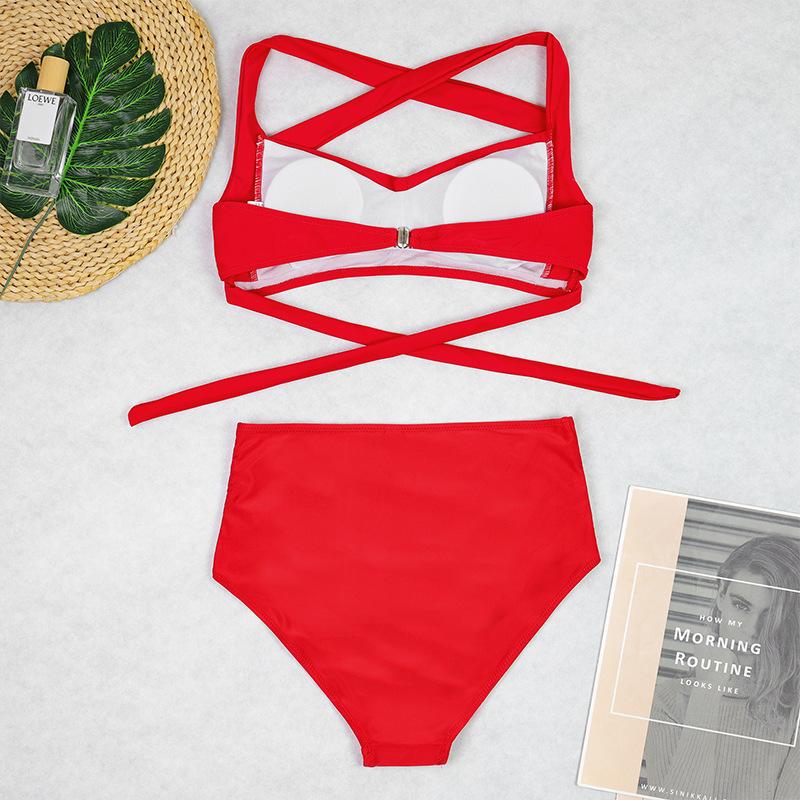 Sexy Zweiteiler Hohe Taille Bikini Sets Neckholder Einfarbig Retro Raffung Gedruckt Badeanzug Brasilianische Bademode Damen 2026 Badeanzüge