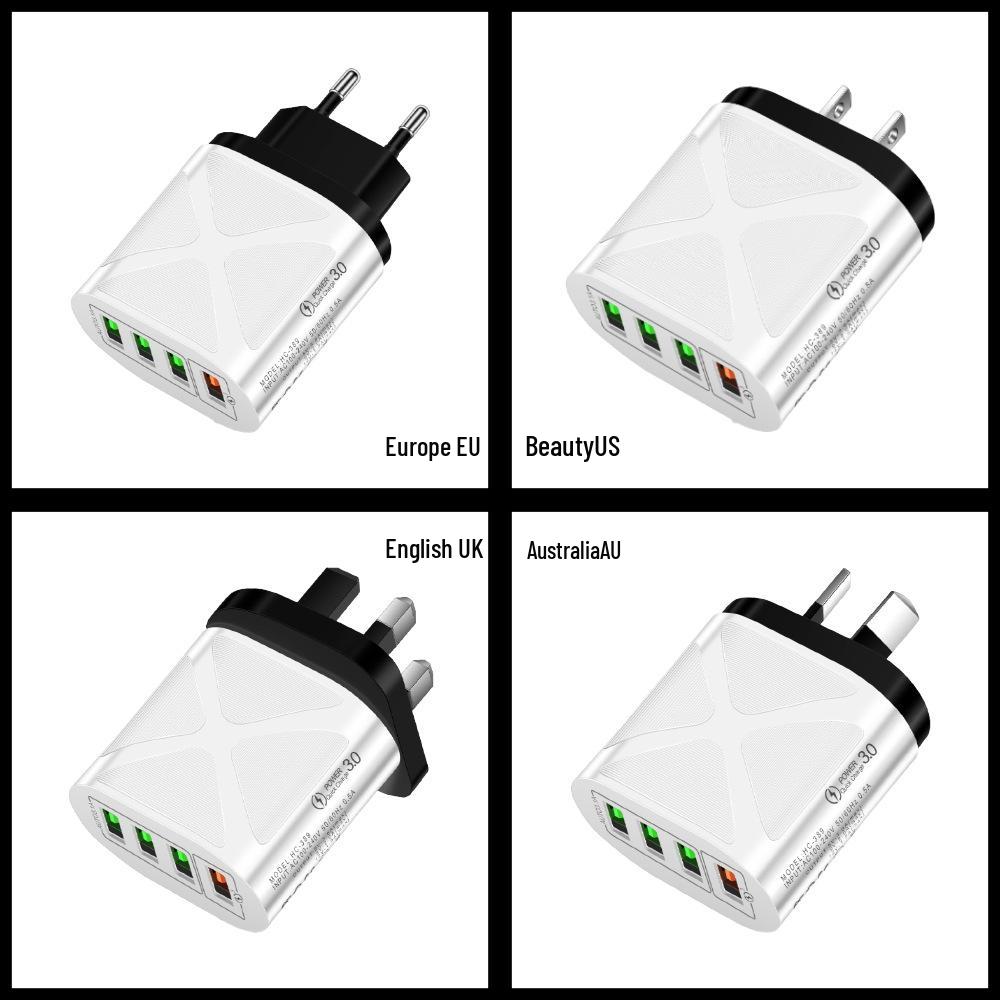 4-Port USB Fast Charger 5V/9V/12V QC3.0, European/American/British/Australian Standards, New Model
