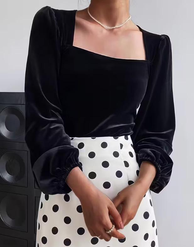

Women s Retro Gold Velvet Square Neck Top - French Puff Sleeve Slimming Black Shirt for Spring & Autumn Large чёрный