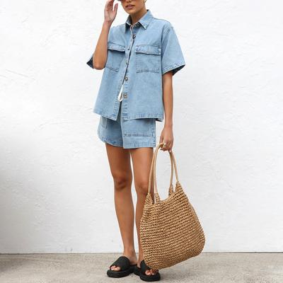 Women Short Pant Set Two Piece Sets Denim Matching Set Turn Shirt Shorts Pants Casual Y2k Streetwear