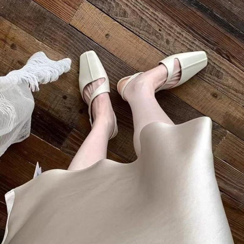 Fashion French White Square Toe One Strap Baotou Sandals Women 2025 New Summer Rear Empty Trip Strap Women Shoes Flat Single Shoes