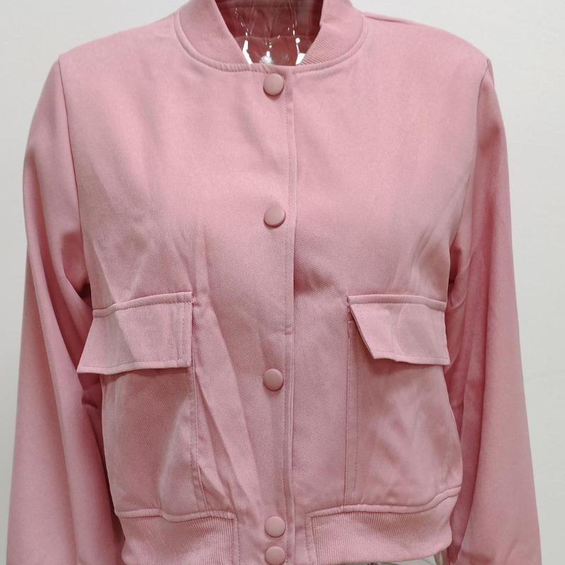 Podzimní nová vintage stojáček ležérní dámská bunda zimní dlouhý rukáv ležérní volné kabáty dámské jednobarevné kapsy zapínání na knoflíky krátká bunda kabát 25087