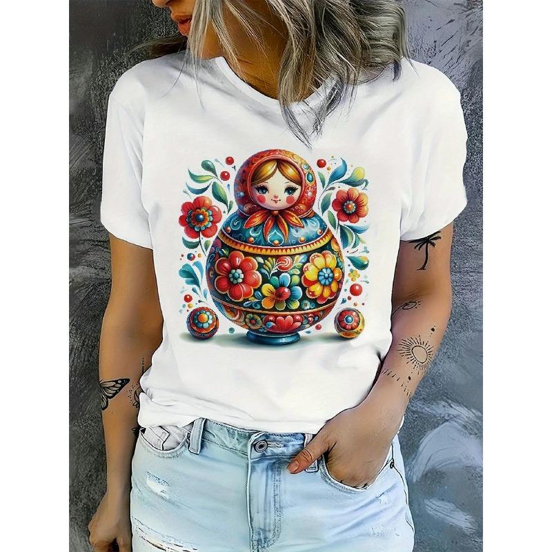 Women's White Russian Matryoshka Doll Print T-Shirt Casual Crew Neck Short Sleeve Summer Top