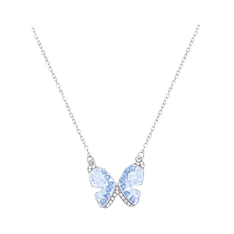 Gradual Change Blue Broken Diamond Butterfly Necklace Women's Summer Collarbone Chain New Match