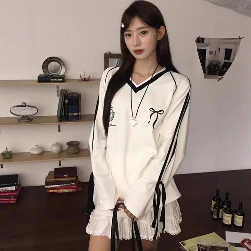 Women's 2025 Striped V-Neck Bow Long-Sleeve Casual Sweatshirt