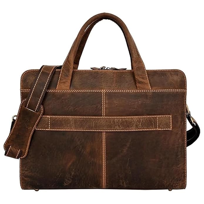 Genuine Leather Laptop Briefcase Bag for Men, Durable Vintage Office Travel Carry Business Messenger Shoulder Bag, Multi Pocket Zipper Work Handbag