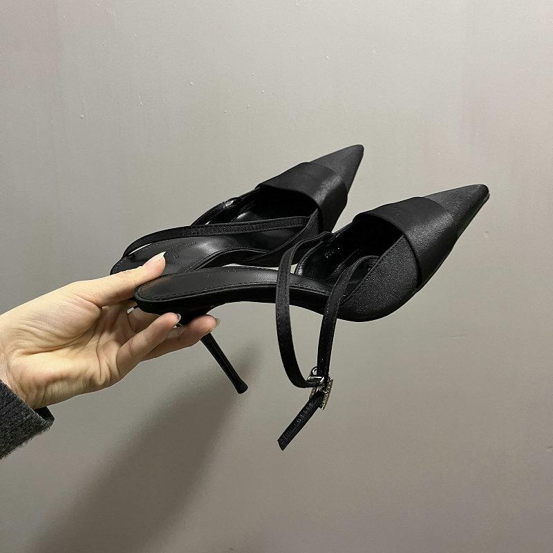 Mode Spitz Europa Und Die Vereinigten Staaten Feine Absätze Rosa Satin High Heels Baotou Schuhe Damen Neu 2025 Frühling Mary Jane Halbsandalen