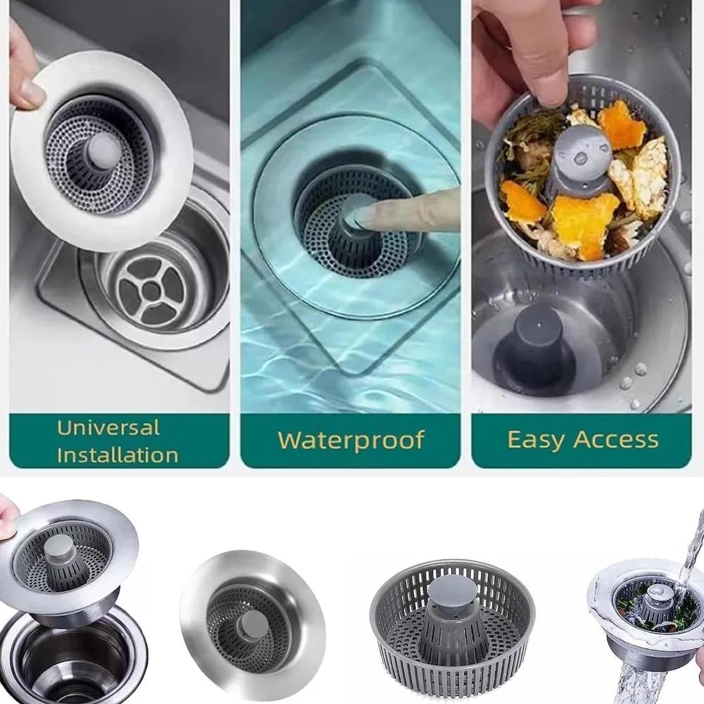 1/2pcs Clog-Free Sink Strainer Basket, 3-in-1 with One-Touch Pop-Up Core, Universal Size Easy Install Drain Filter,Sink Strainer