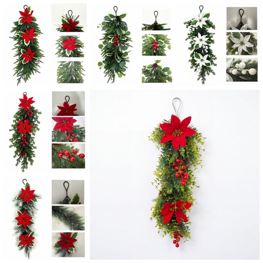 Red Berries Christmas Door Swag Poinsettia Blossoms Teardrop Shape Holiday Hanging Ornaments Durable Quality Vibrant Colors
