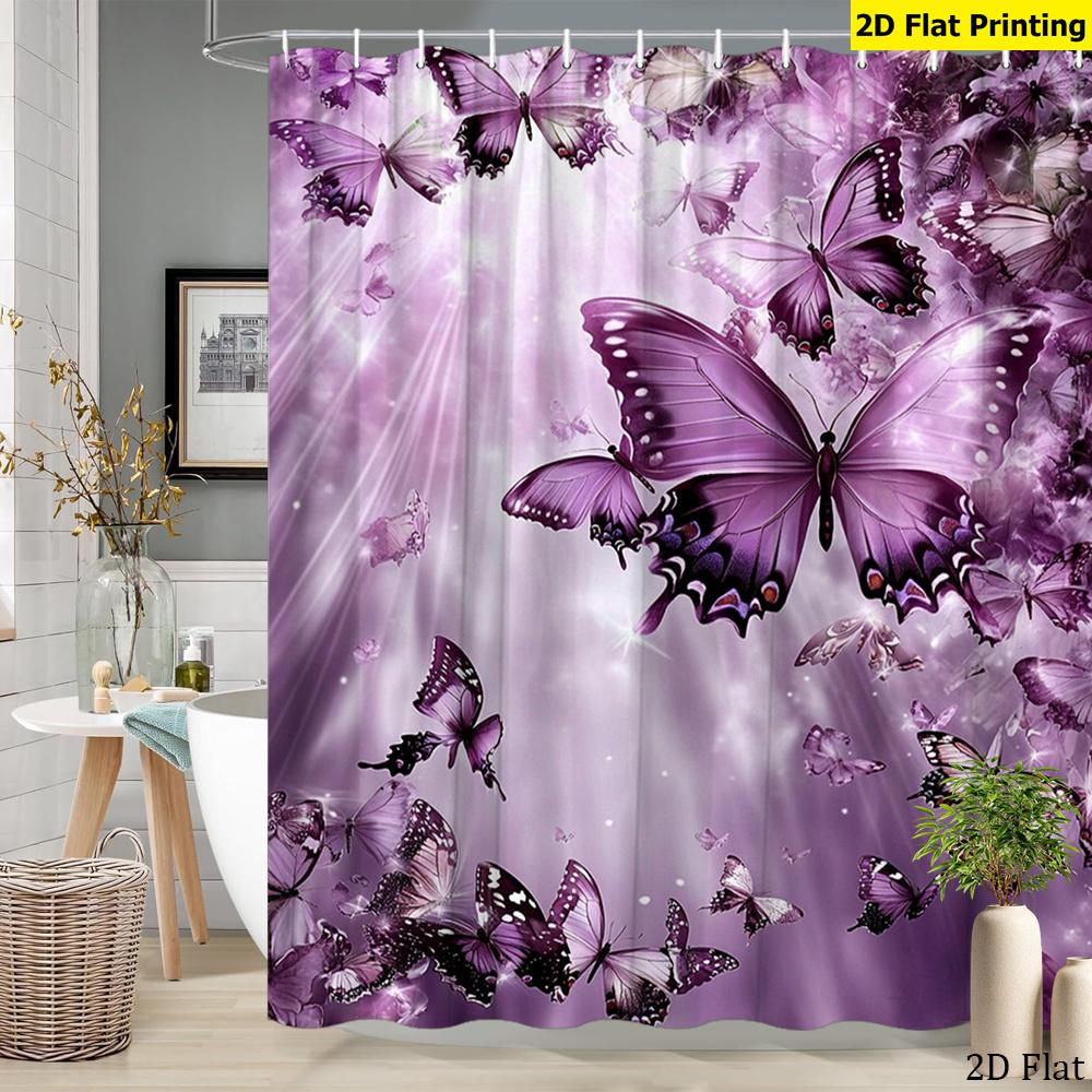 1Pcs Shiny Butterfly Flower Waterproof Shower Curtain Modern Polyester Bathroom Partition 12 Hooks