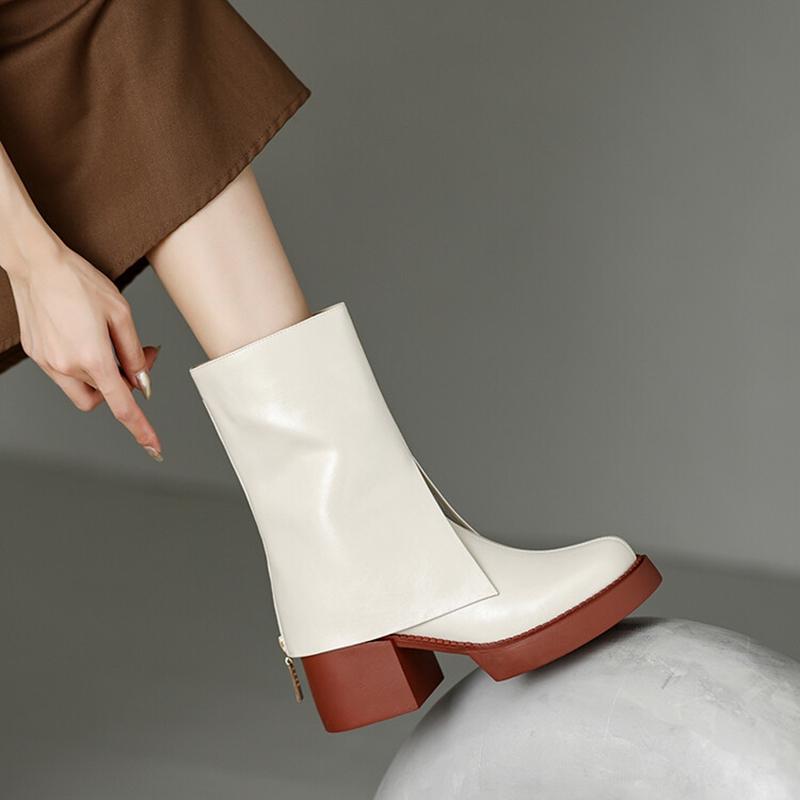 Fashion NEW Autumn Women Boots Split Leather Shoes for Women Round Toe Chunky Heel Shoes Zipper Pants Boots Casual Platform Modern Boots