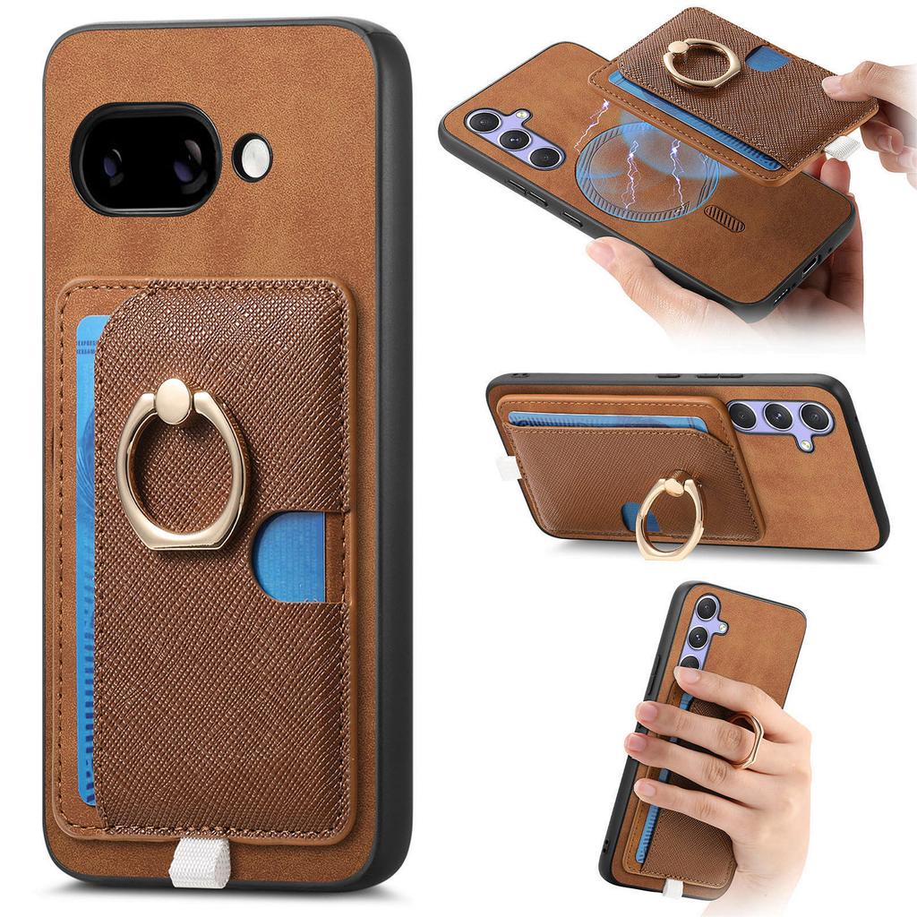 For Google Pixel 9a Case Ring Kickstand Leather + TPU + PC Phone Cover Detachable Card Holder