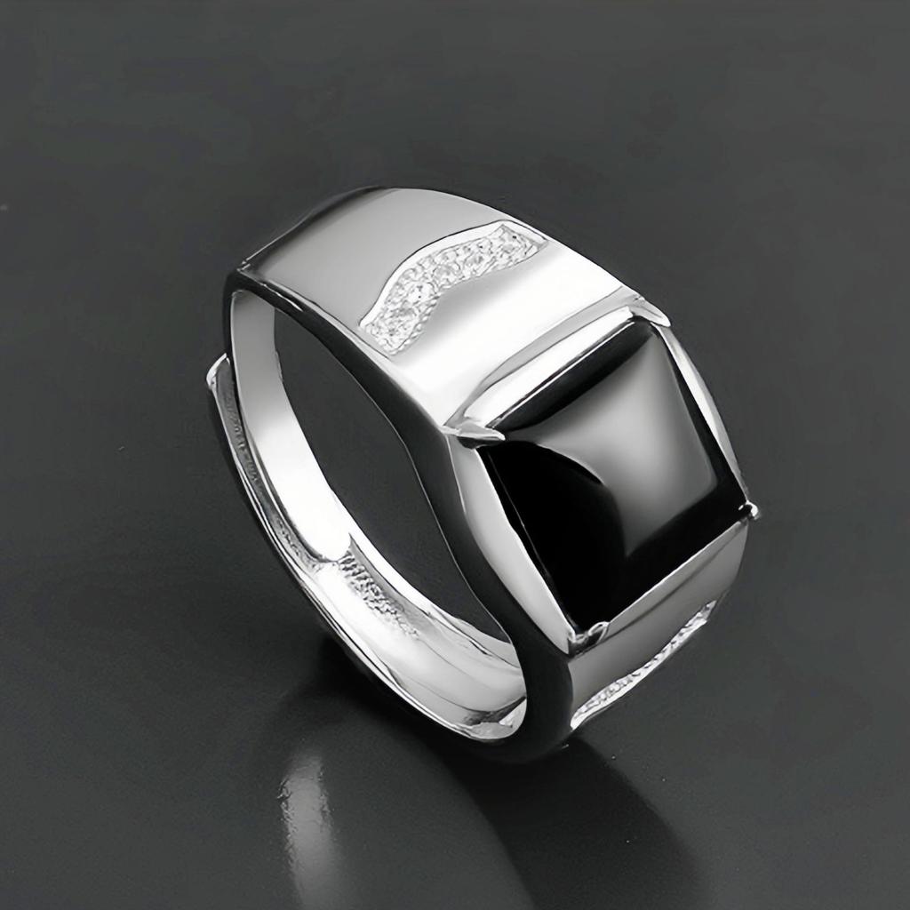 Men's Adjustable Black Agate Square Ring with Black Diamond - Korean Style and Smooth Finish