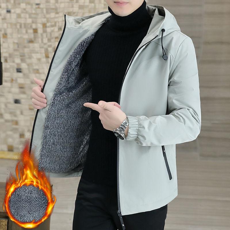 Jacket Men's Autumn and Winter Hooded Plus Velvet Thickened Solid Color Men's Jacket Outdoor Slim Top Men