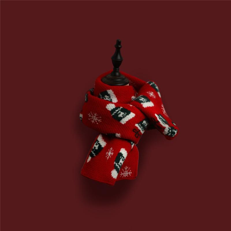 Versatile Christmas Knitted Wool Red Scarf Deer Elk Print Snowflake Warm Personality Couple Scarf Student