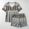 Summer Fashion Bohemian Style Geometry Pattern Printed V- Neck Short Sleeved T-Shirt And Shorts Set Women's and Men's T-shirt Shorts Set