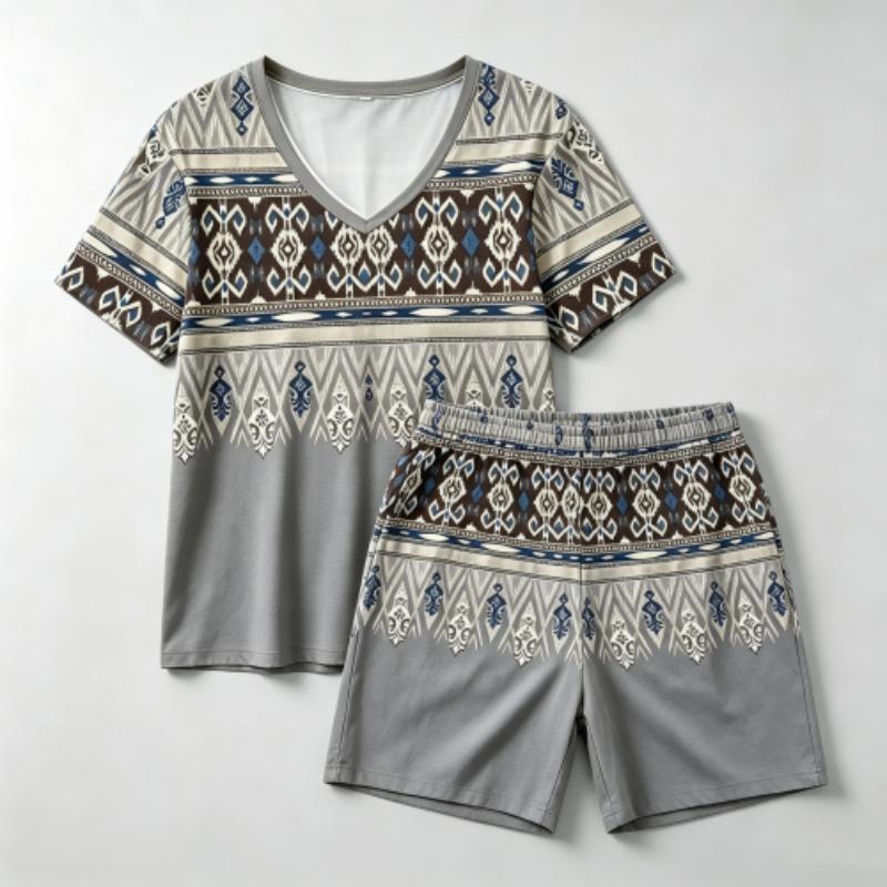 Summer Fashion Bohemian Style Geometry Pattern Printed V- Neck Short Sleeved T-Shirt And Shorts Set Women's and Men's T-shirt Shorts Set