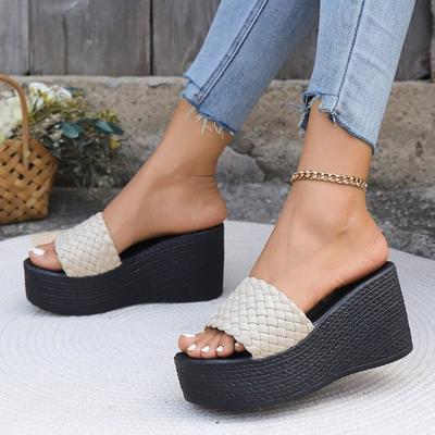 Women's Woven Single Strap Platform Sandals, Plus Size Chunky Heel Beach Slides