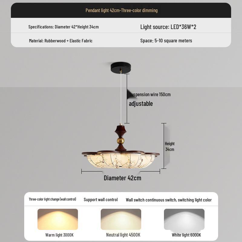 Chinese Song Dynasty Chandelier: Retro Fabric & Walnut Wood Zen Ceiling Light