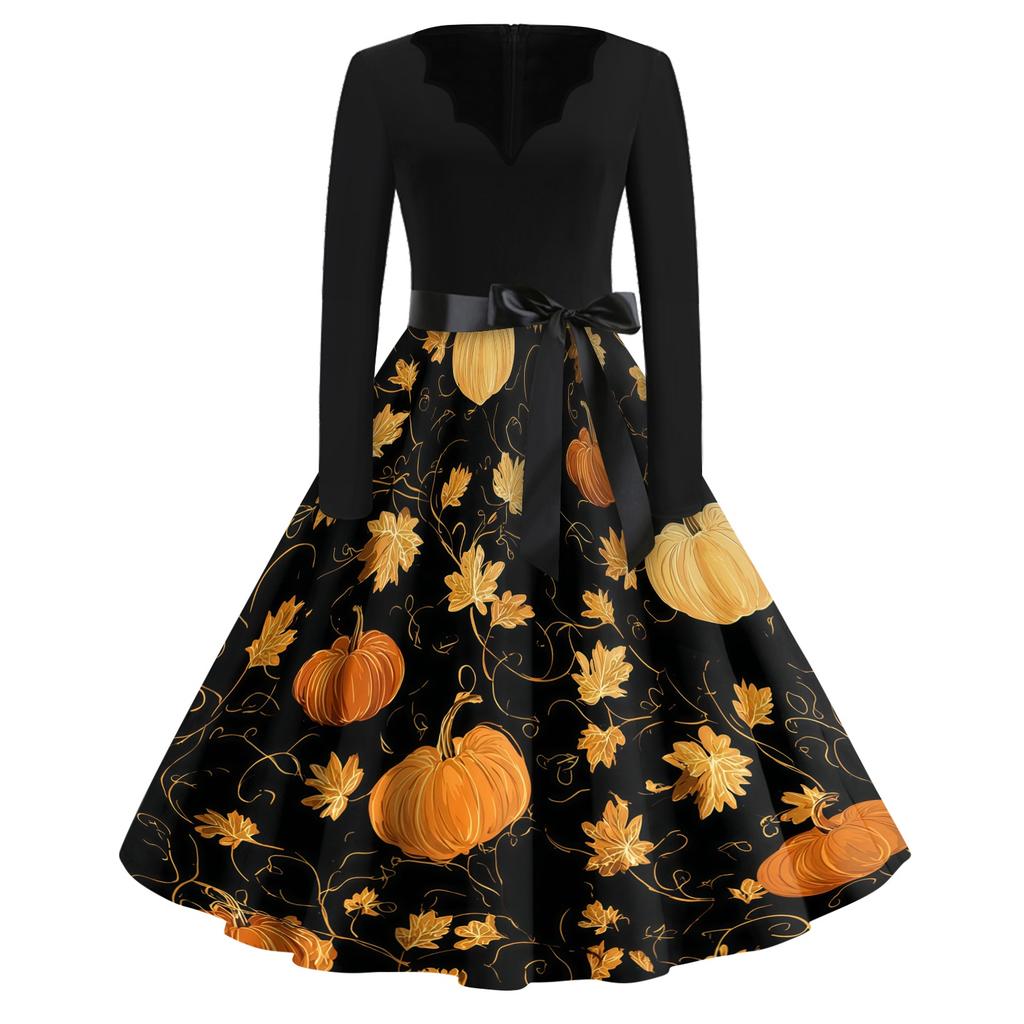 Women's Casual Vintage V Neck Dress Long Sleeve Halloween Print Swing Dress with Waist Tie Retro Style Midi Dress