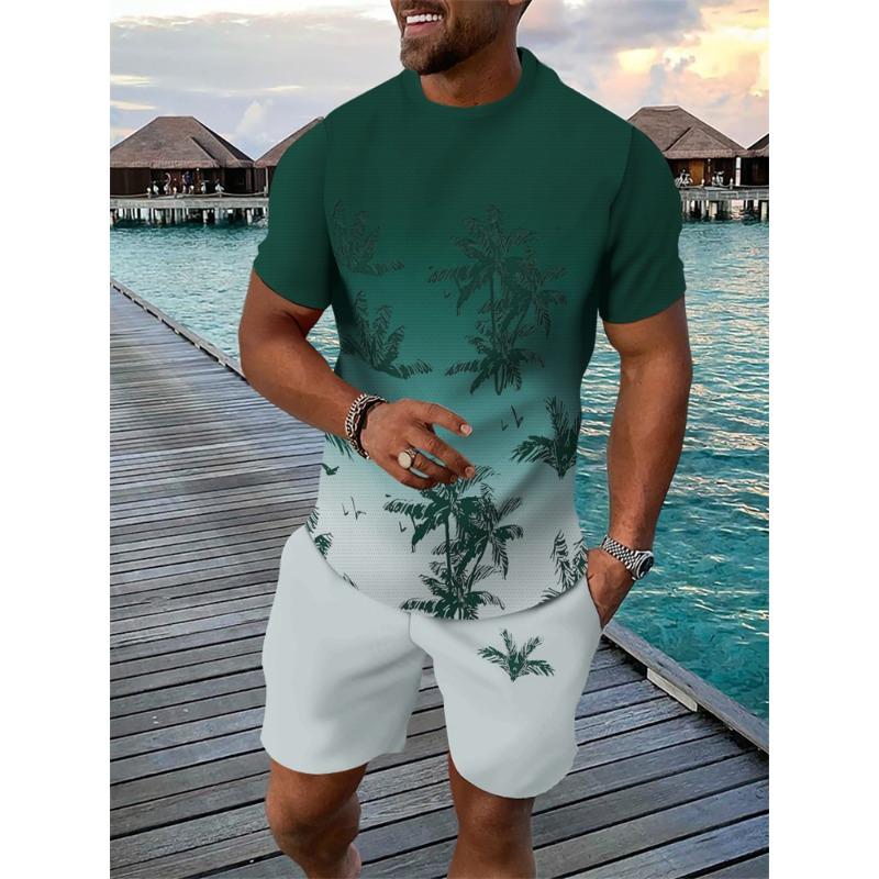 New Men's Hawaiian Two-Piece Set Beach Coconut Tree Print Crew Neck