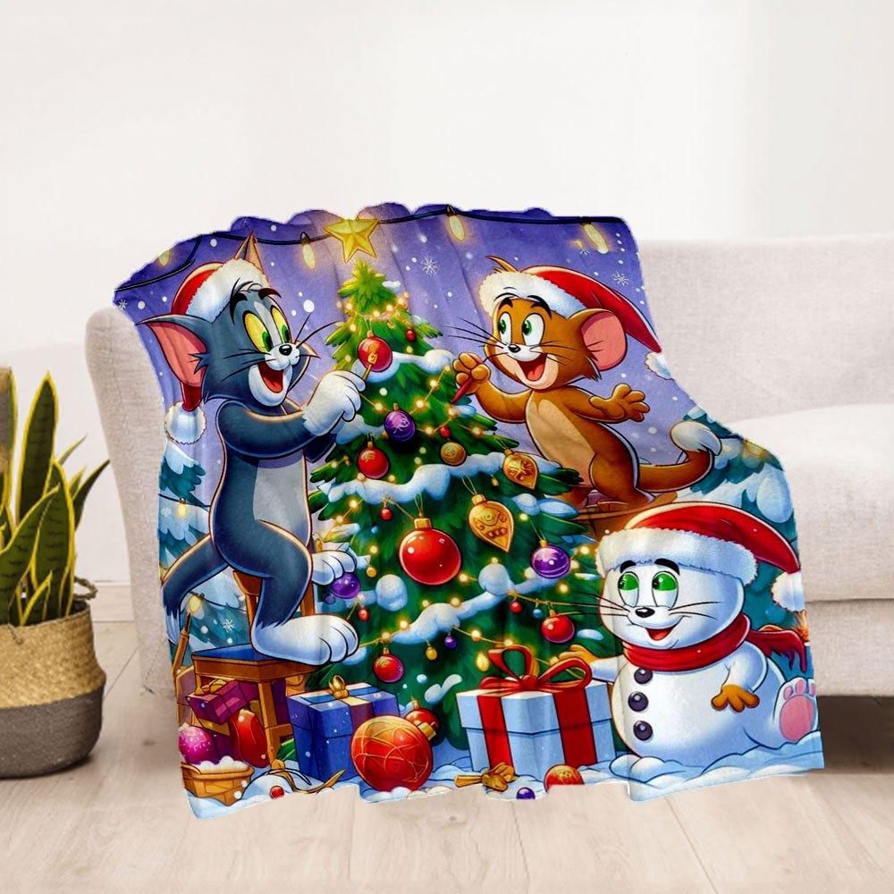 Tom Jerry Christmas Decorations for Kids Room Wall Art PrintBlanket Flannel Throw Blanket for Sofa, Bed, Travel, Camping, Office