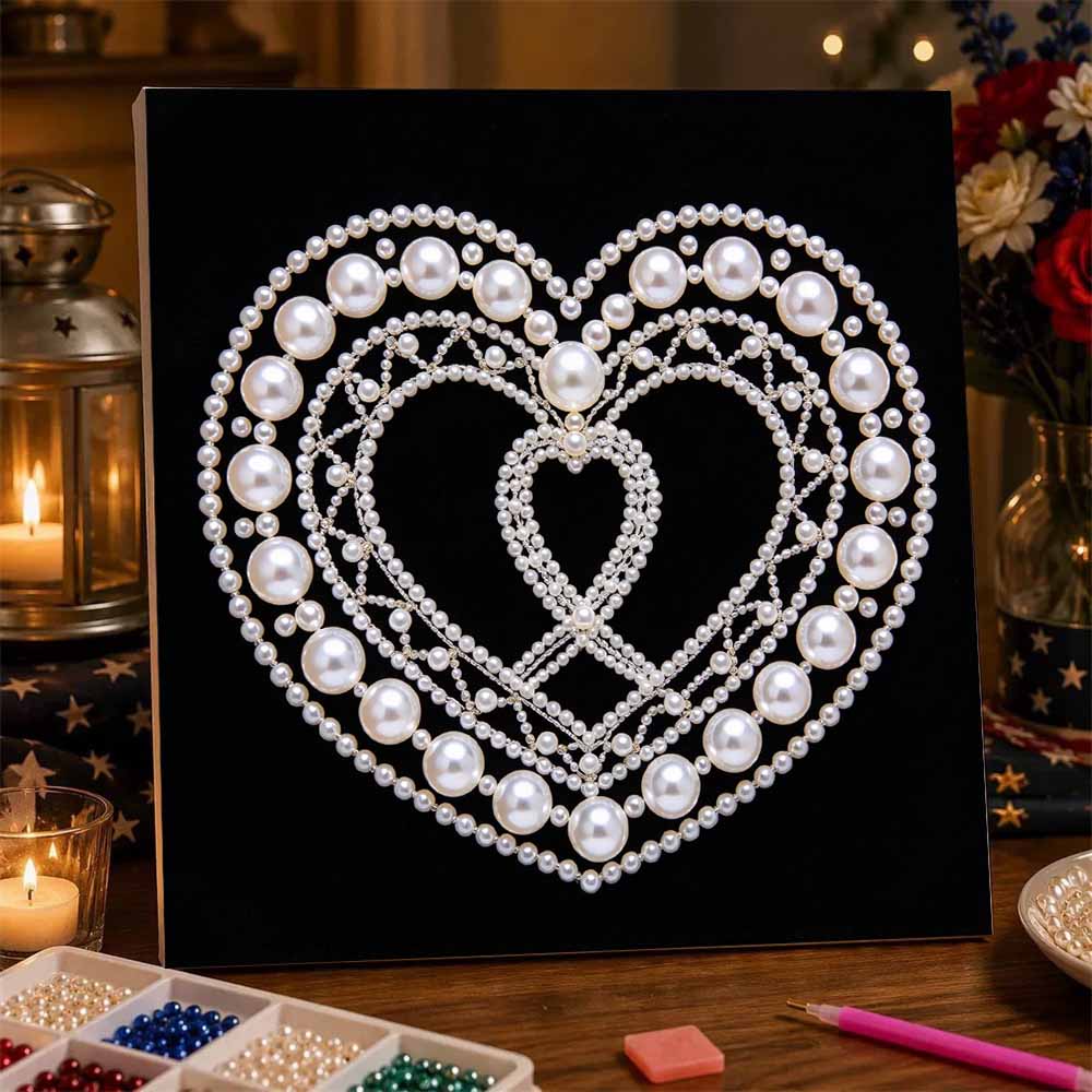 Heart Shape Pearl Art Kit with Frame 3D Shiny Bead Canvas Relaxing Craft Living Room Decor for Home Wall Art Display Projects DIY Handmade