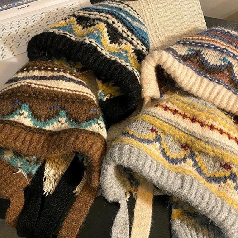 Women S Fair Isle Style Warm Knit Hat Winter Casual Retro Large Size Beanie