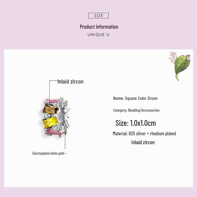 Silver Ziyun Square Zirconium Spacer Beads, 925 Sterling Silver, Platinum-Plated, Korean Fashion DIY Jewelry Accessories SCC1182.