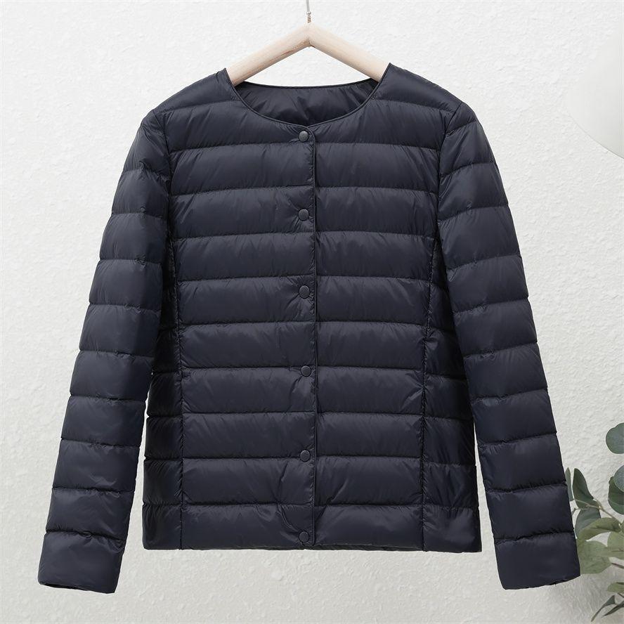 Women's 90% White Duck Down Lightweight Short Jacket - Round Neck, Solid Color, Warm and Collarless for Autumn/Winter