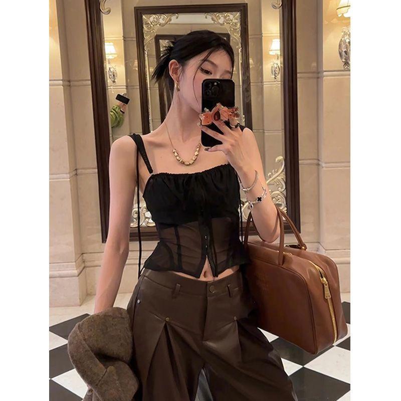 Women Y2K Mesh Corset Tank Top, Black Thin Spaghetti Strap Ruched Bust Sheer Mesh Button Front Slim Cropped Sleeveless Cami Blouse