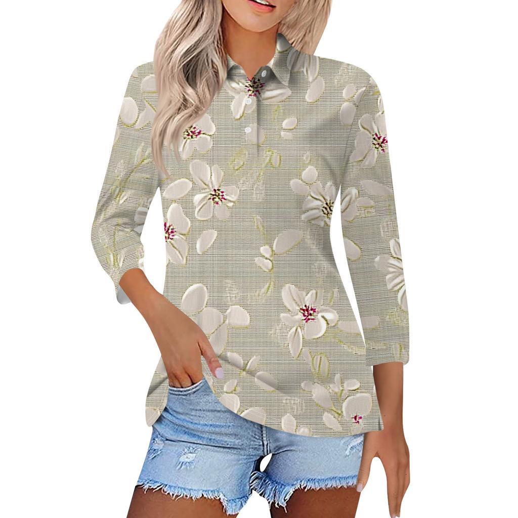 Women's Fashion Casual Button 3/4 Sleeve Vintage Floral Print Lapel Top