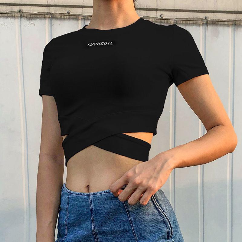 Summer Black T-shirt Women's Short Sleeve Cross Lace-up Sports Dancing Tight Short Top