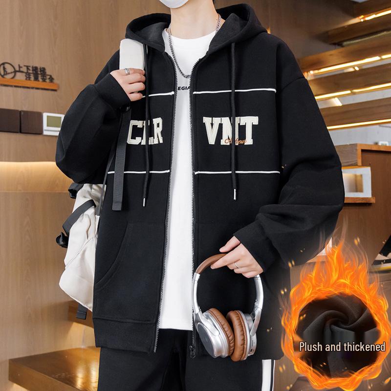 Autumn/Winter Cardigan Hoodie for Boys (Ages 13-16) - Stylish, Thick, Plus Velvet Outerwear