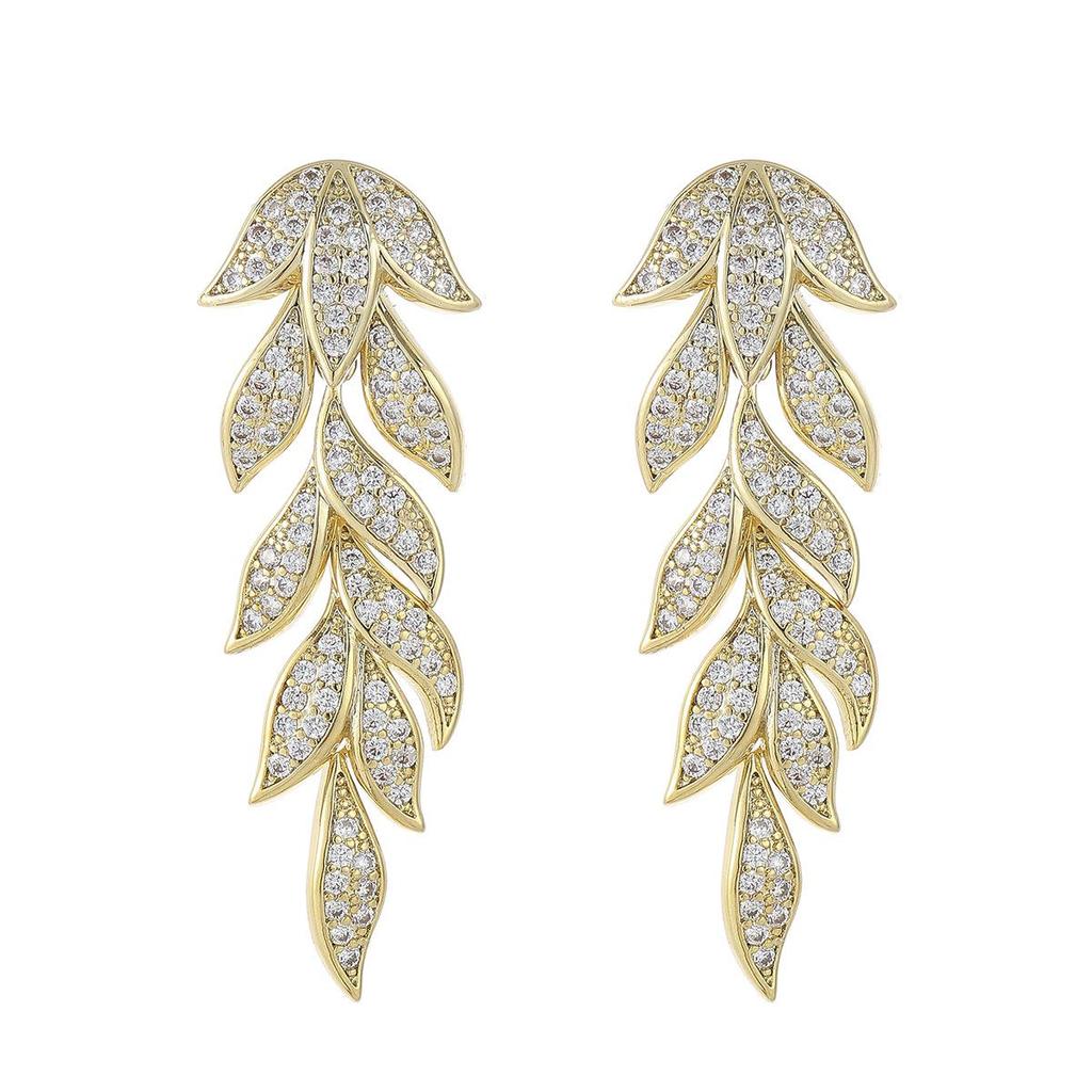Elegant Micro-Inlaid Zirconia Leaf Earrings - Light Luxury, European & American Style Long Drops