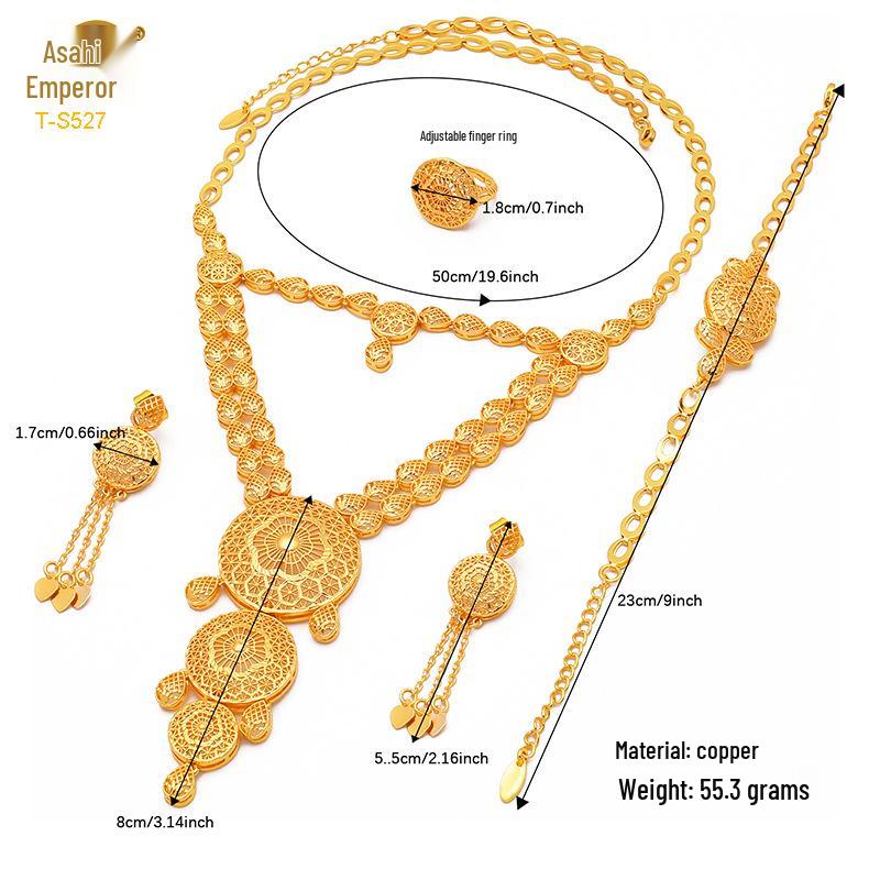 Dubai Wedding Jewelry Set: Ethnic Brass Gold-Plated Necklace, Earrings, Ring, and Bracelet.