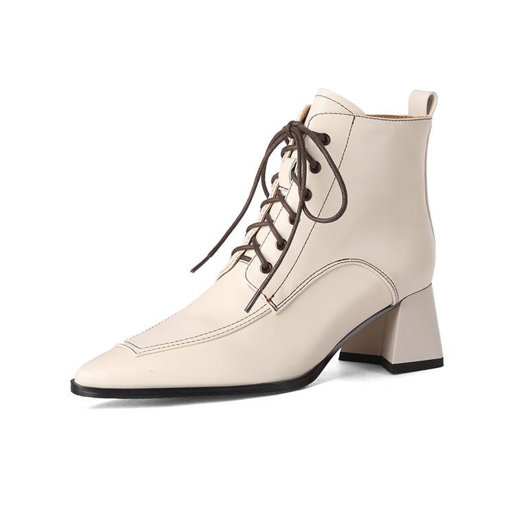 

Fashion NEW Autumn Women Boots Genuine Leather Shoes for Women Pointed Toe Chunky Heel Shoe Lace-up Ankle Boots Elegant Zip Modern Boots 40 бежевый